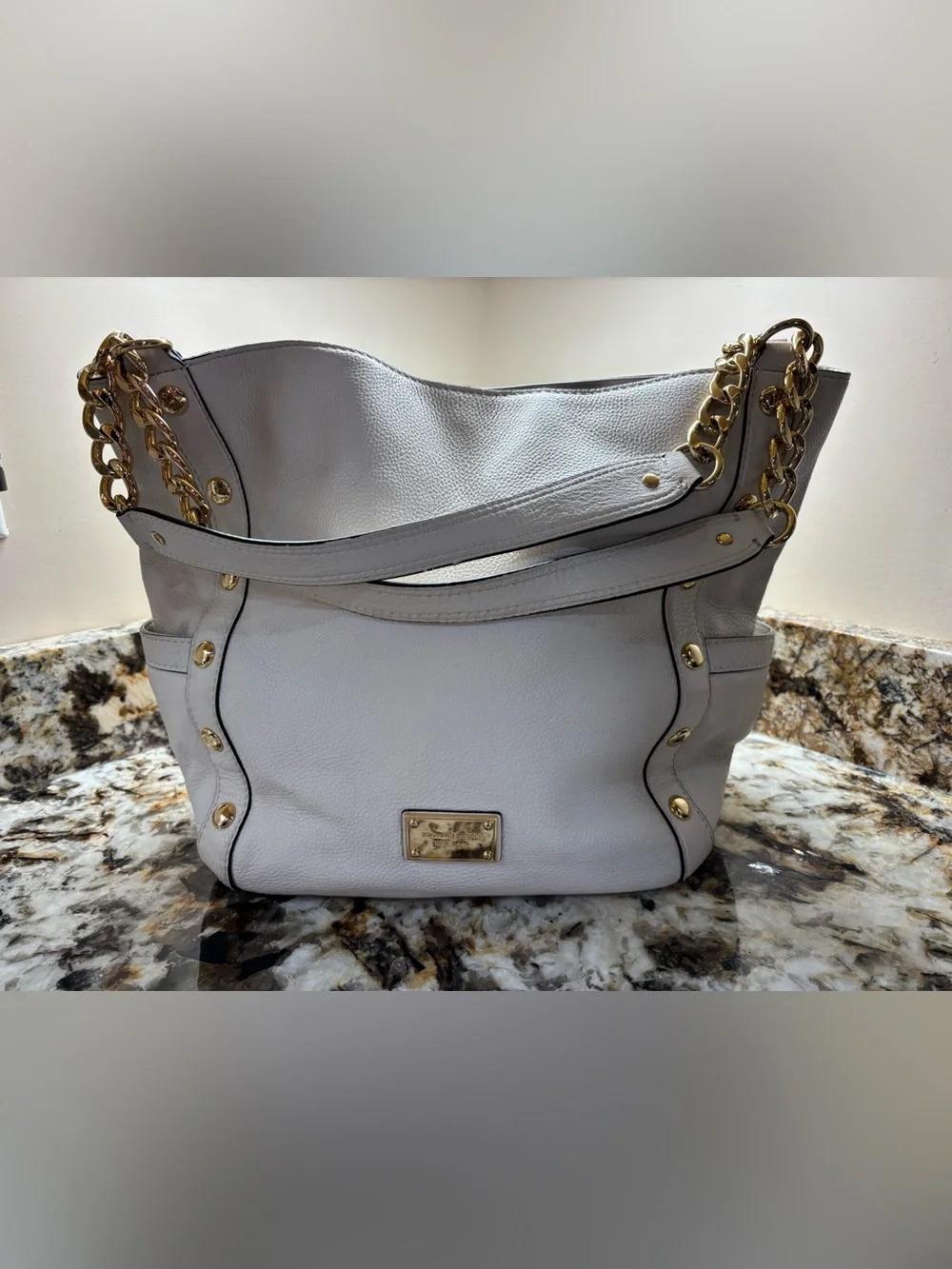 Michael Kors White Pebbled Leather Shoulder Tote with Gold Chain Detail